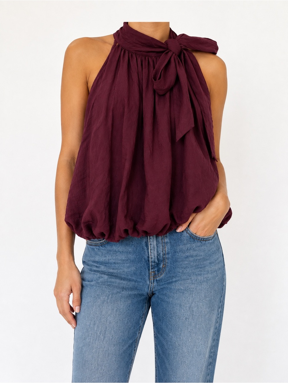 Zara Burgundy Tie-Neck Bubble Hem Halter Top